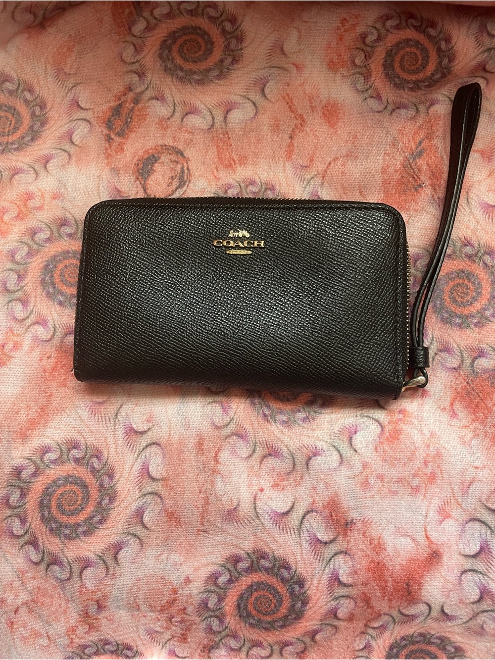Coach Black Leather Zip-Around Wristlet with Gold Logo